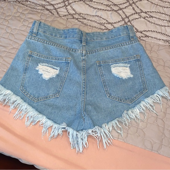Buddy Love Light Wash Distressed Fringe High Rise Denim Shorts - Picture 2 of 3